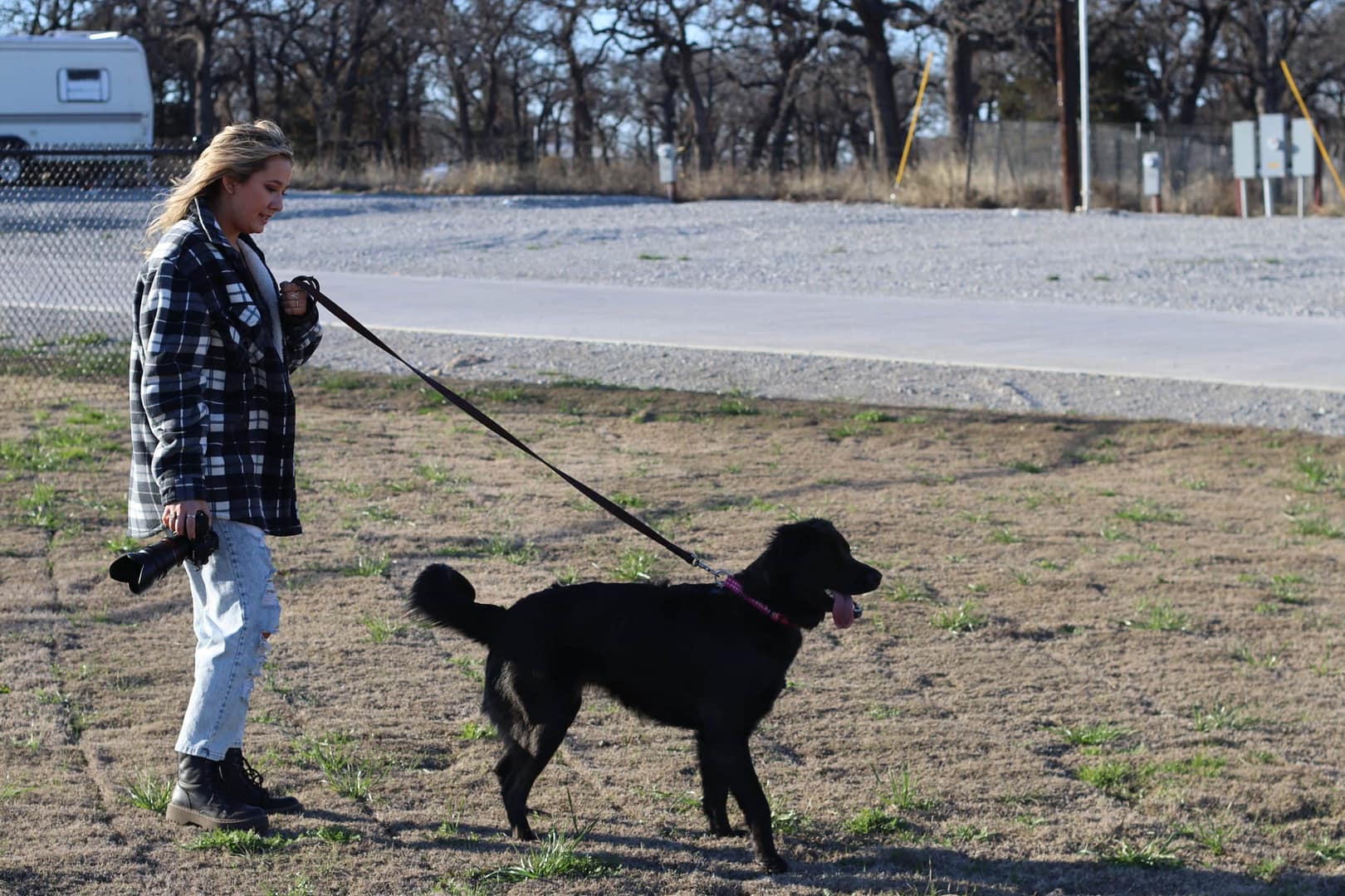A woman walking her dog on a leash. A woman walking her dog on a leash.