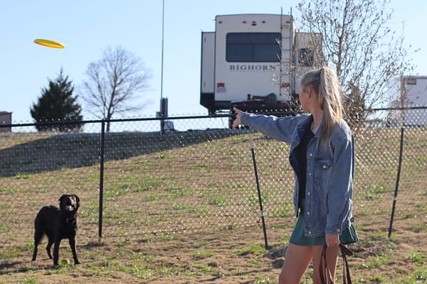 A woman walking her dog in the grass.